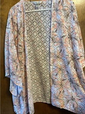 CJ Banks Floral Sheer Open Kimono in Beige and Blush
